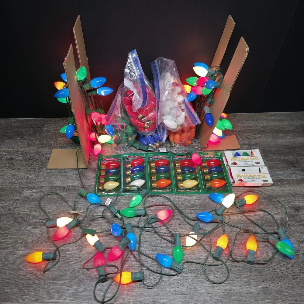 (3) Vintage C9 Christmas Lights 3 Strings 25' X 25 Bulbs W/‎ 150+ Spare C9 Bulbs